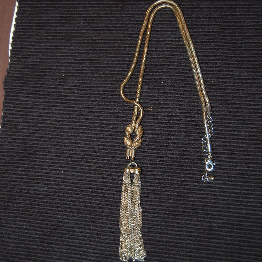 Gold Tone Mesh Necklace W/ Slip Knot & Tassels 19